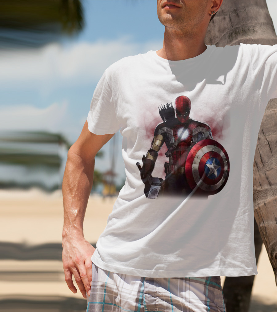 Overpowered Avengers Man Captain America Spider-Man Thor Iron Man Fusion With Shield And Mjolnir T-Shirt