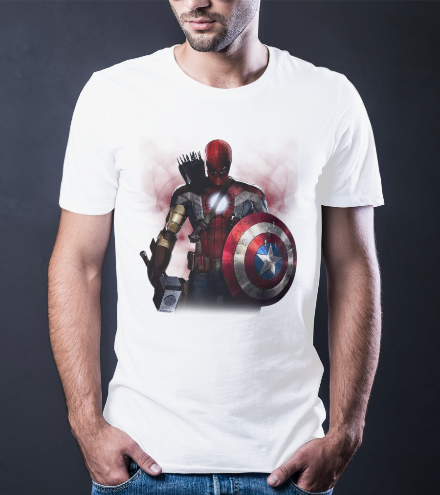 Overpowered Avengers Man Captain America Spider-Man Thor Iron Man Fusion With Shield And Mjolnir T-Shirt