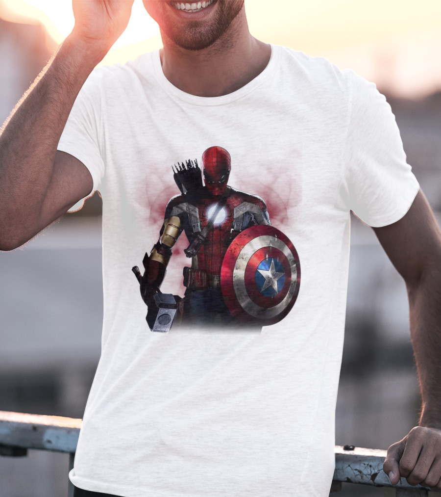 Overpowered Avengers Man Captain America Spider-Man Thor Iron Man Fusion With Shield And Mjolnir T-Shirt