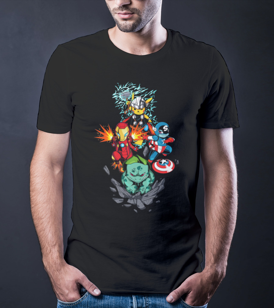 Avengers Pokemon Crossover Pikachu Thor Iron Man Bulbasaur Captain America T-Shirt