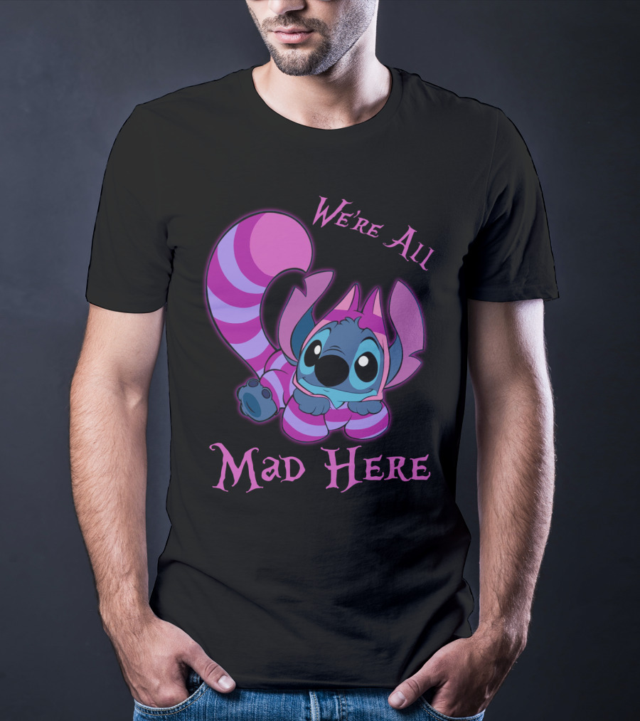 Stitch And Cheshire Cat We're All Mad Here Crossover T-Shirt