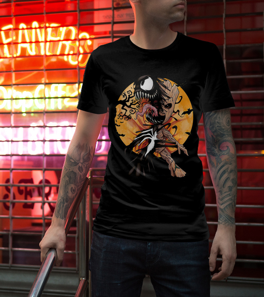 Baby Groot Venom Symbiote Halloween Moon Scene T-Shirt