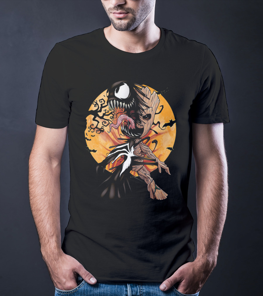Baby Groot Venom Symbiote Halloween Moon Scene T-Shirt