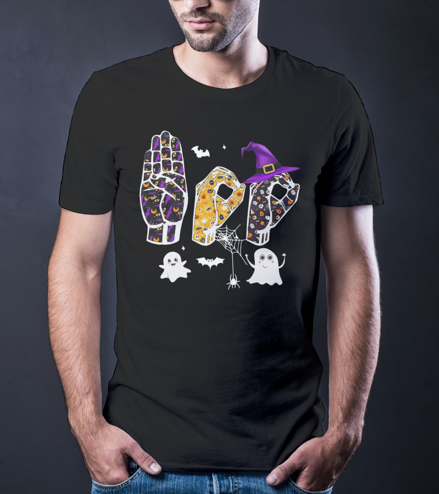 Deaf Pride Halloween Sign Language Hands With Ghosts Bats And Witch Hat T-Shirt