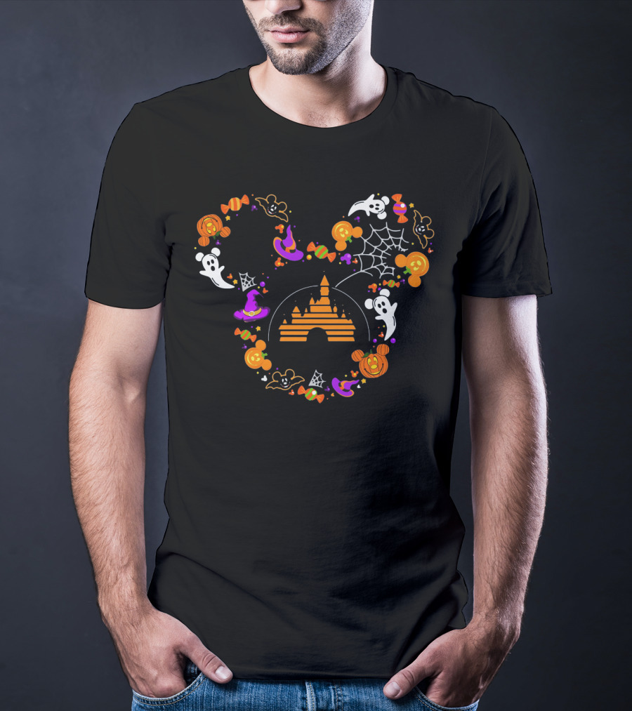 Mickey Mouse Halloween Candy Ghosts Pumpkins Magic Castle Spiderwebs T-Shirt