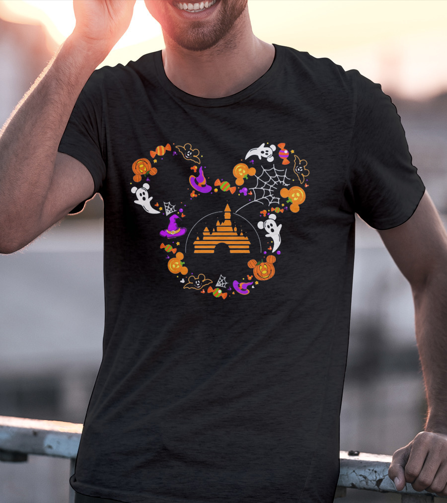 Mickey Mouse Halloween Candy Ghosts Pumpkins Magic Castle Spiderwebs T-Shirt