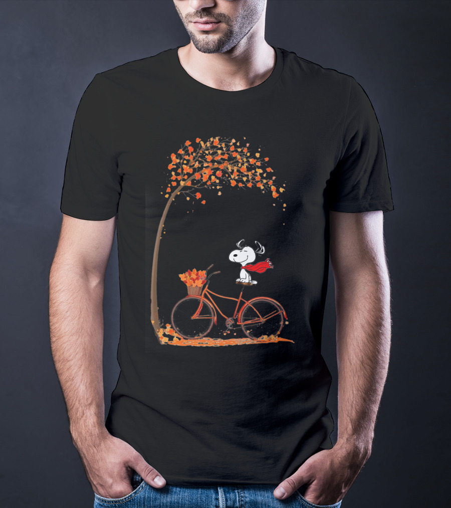 Snoopy Enjoying Autumn Leaves Bicycle Ride Under Fall Tree T-Shirt