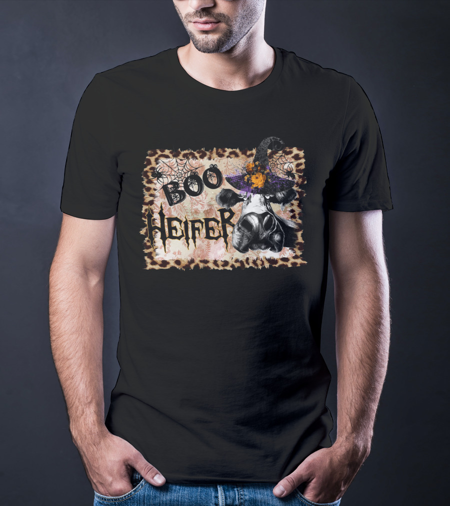 Boo Heifer Halloween Cow Witch Hat Leopard Print Spiderweb T-Shirt
