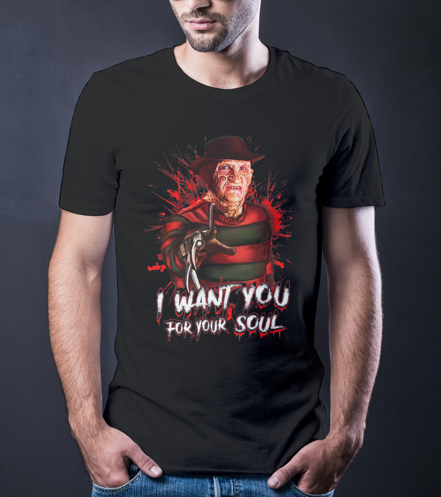 Freddy Krueger I Want You For Your Soul Horror Icon With Red And Green Stripes And Claw Glove T-Shirt