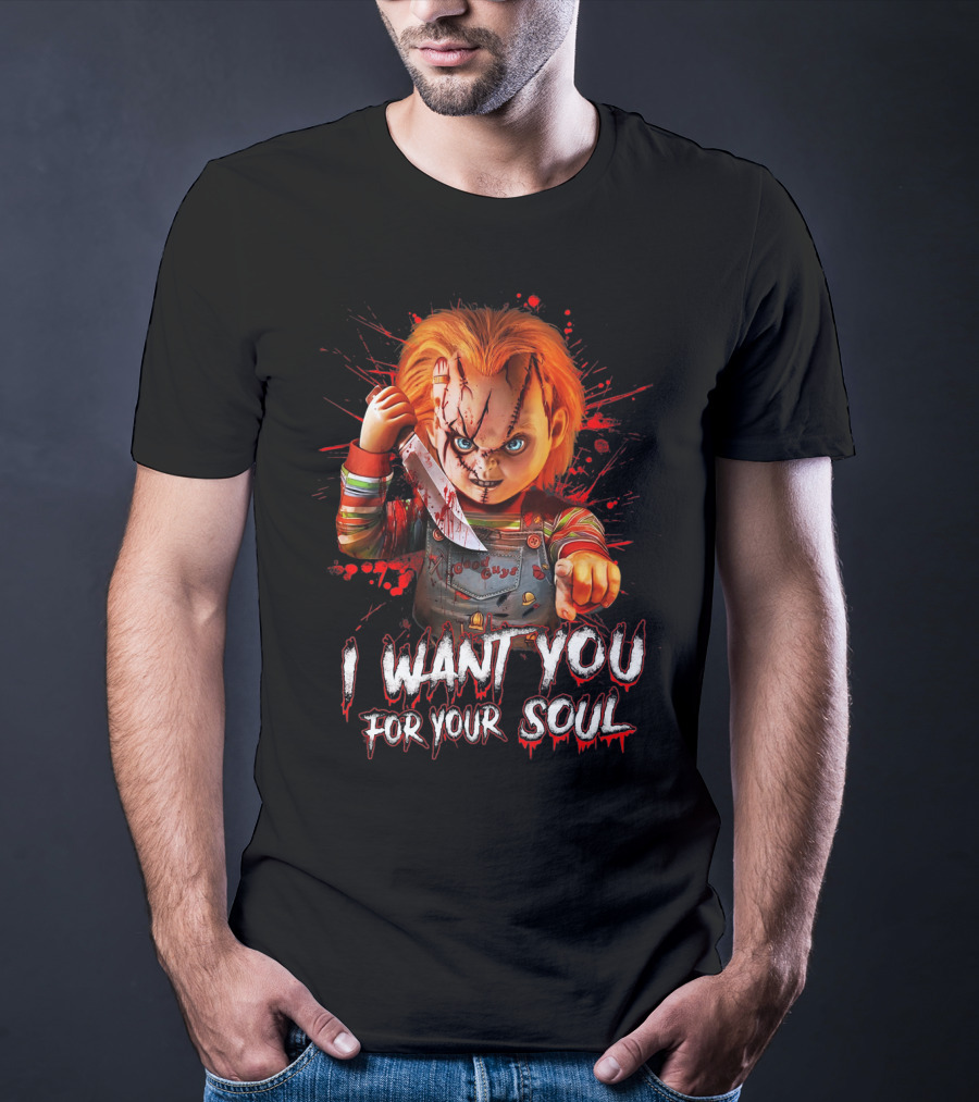 Chucky Horror Character With Knife I Want You For Your Soul T-Shirt