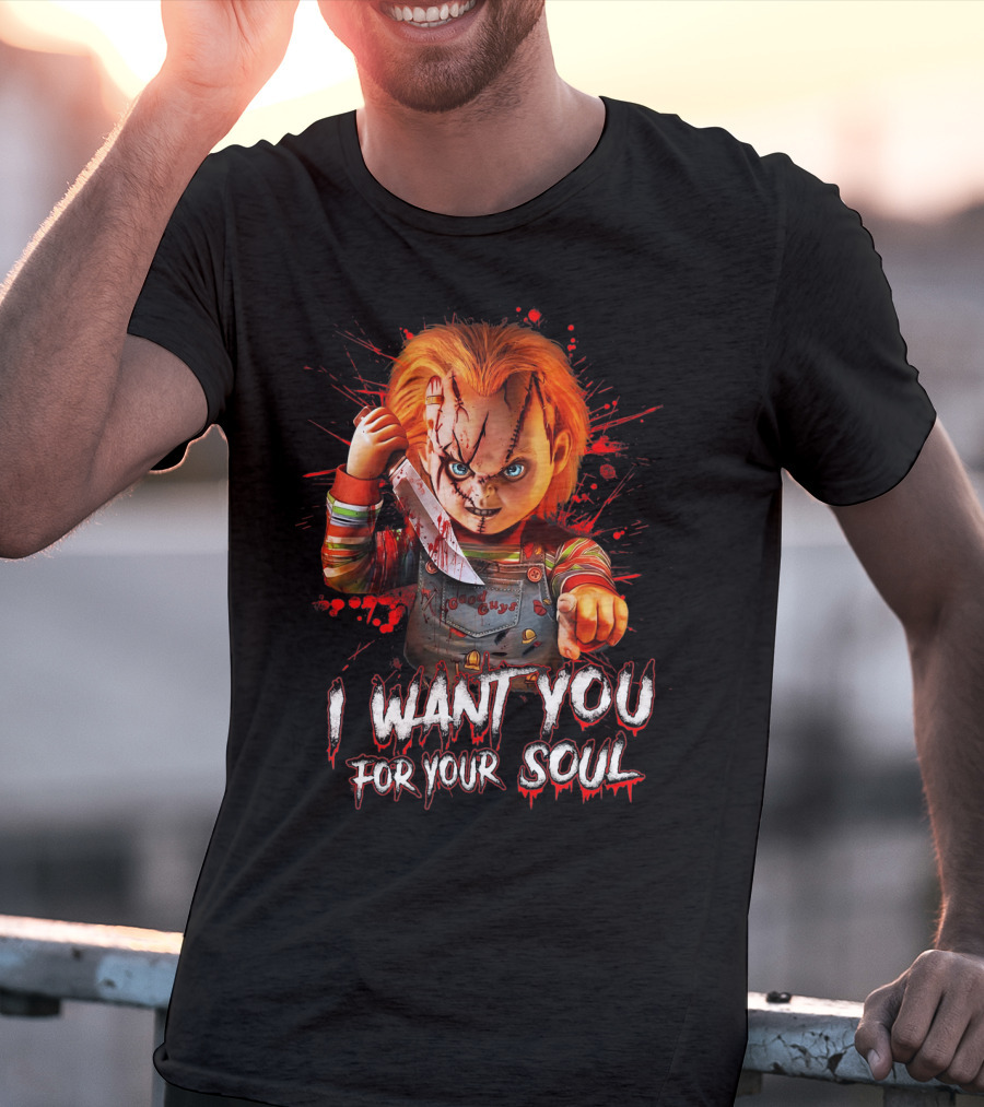 Chucky Horror Character With Knife I Want You For Your Soul T-Shirt
