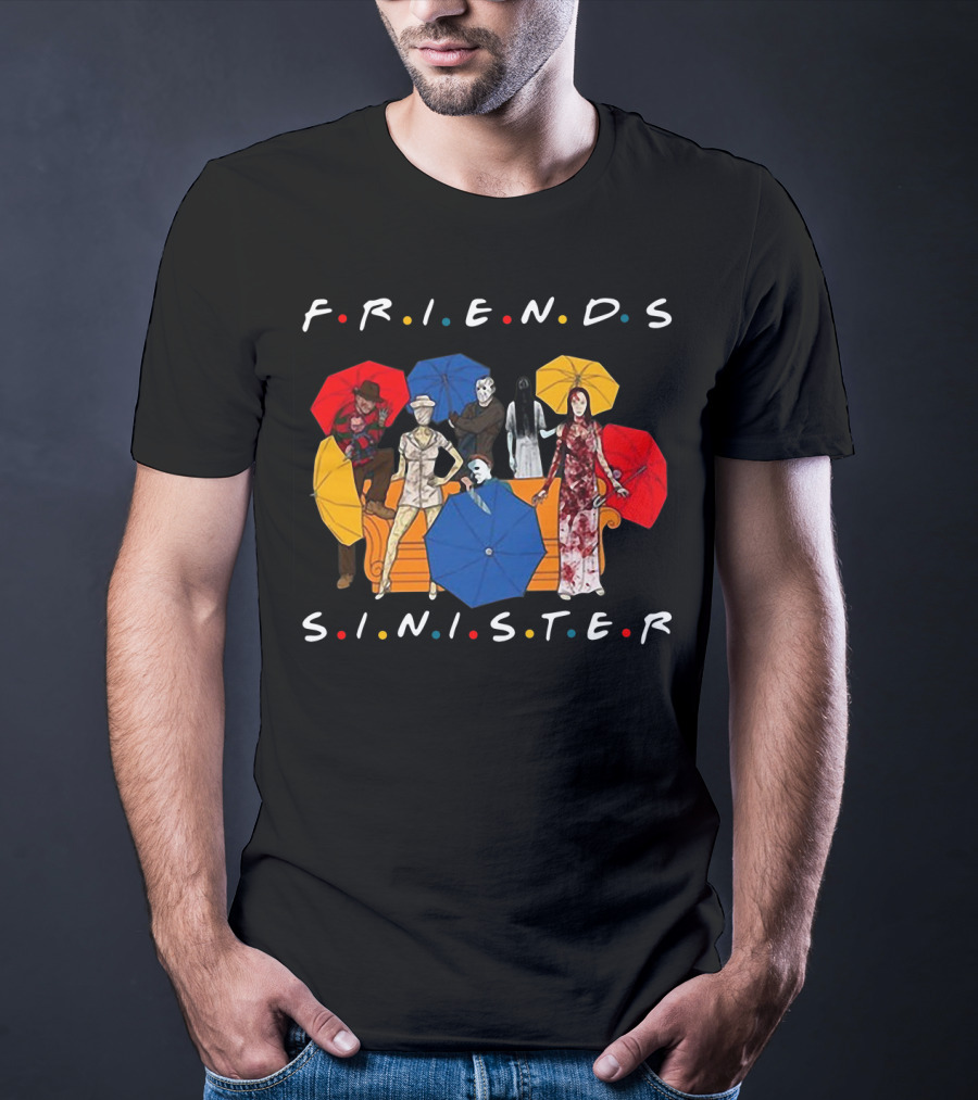 Friends Sinister Fusion Of Iconic Horror Characters On Central Perk Couch With Umbrellas T-Shirt