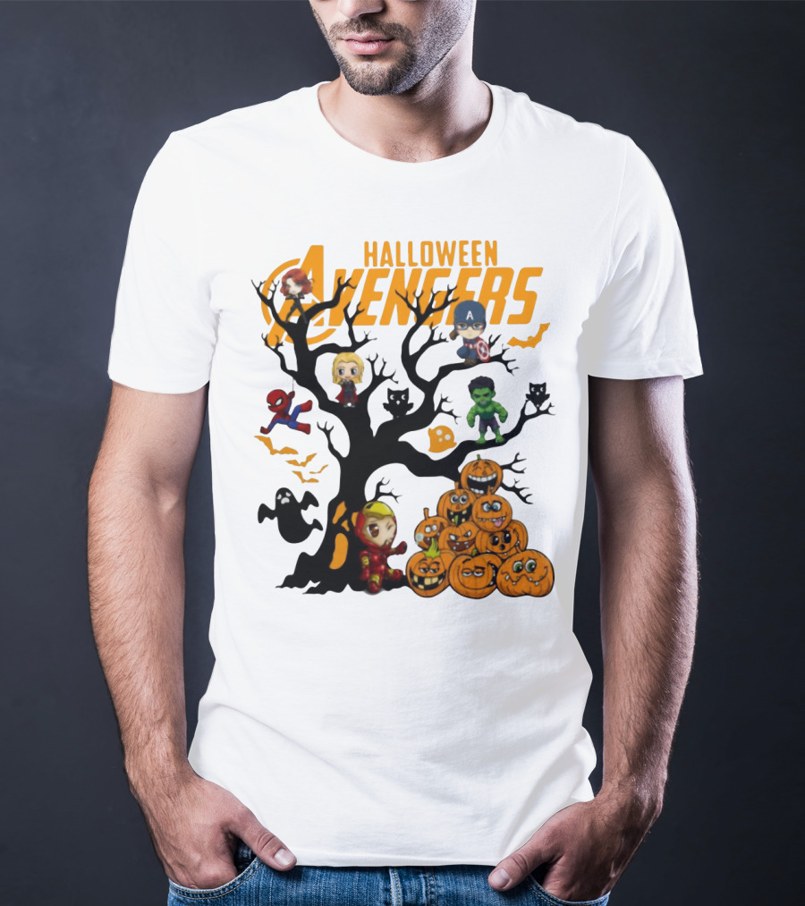 Chibi Halloween Avengers Characters With Pumpkins And Ghosts T-Shirt