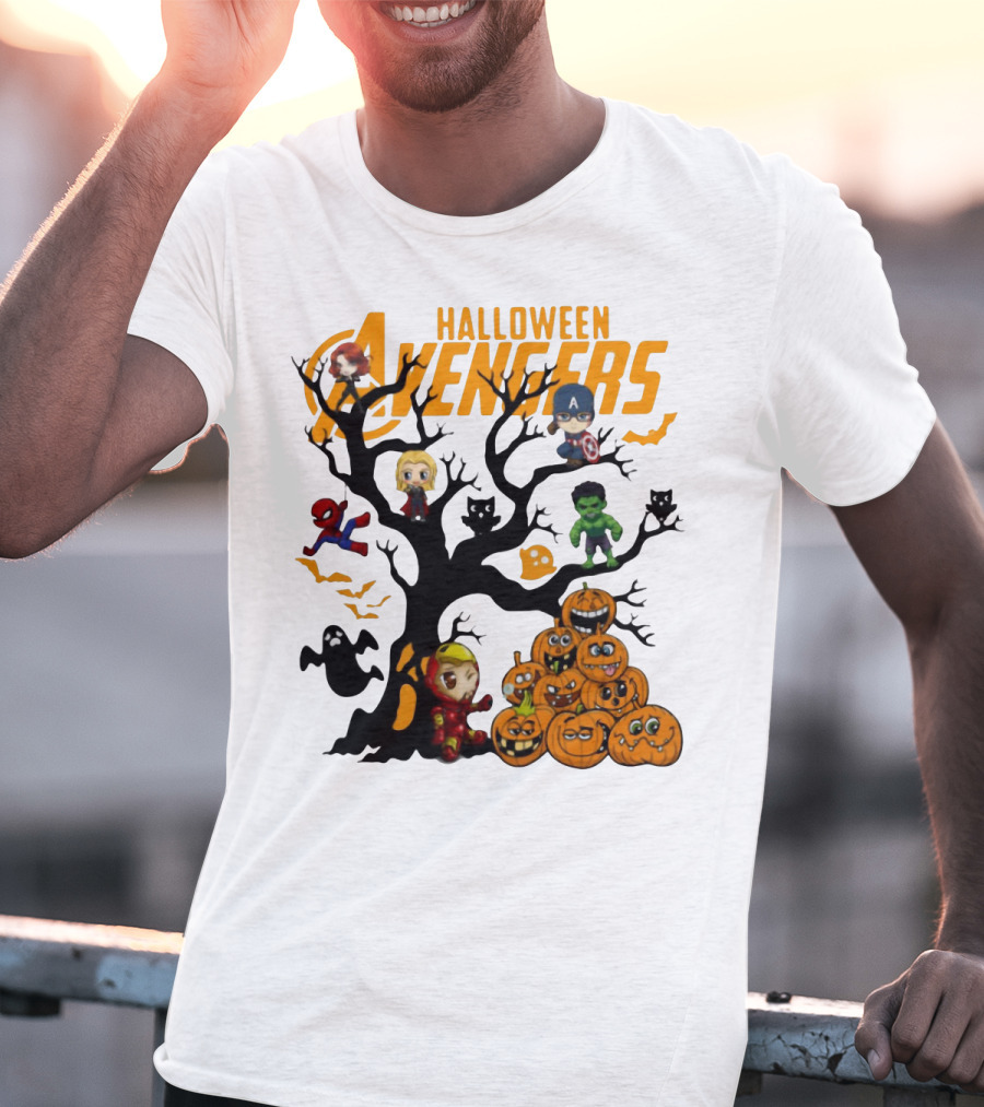 Chibi Halloween Avengers Characters With Pumpkins And Ghosts T-Shirt