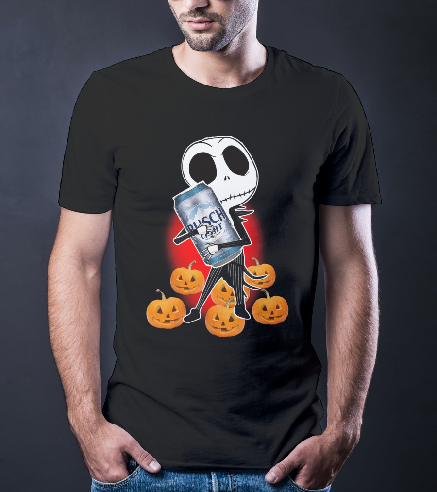 Jack Skellington Busch Light Hug Surrounded By Pumpkins Halloween T-Shirt