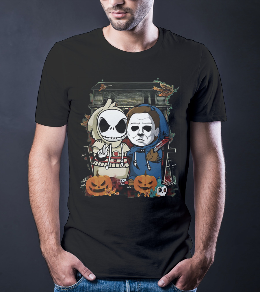 Jack Skellington And Michael Myers Halloween Crossover With Haunted House And Pumpkins T-Shirt