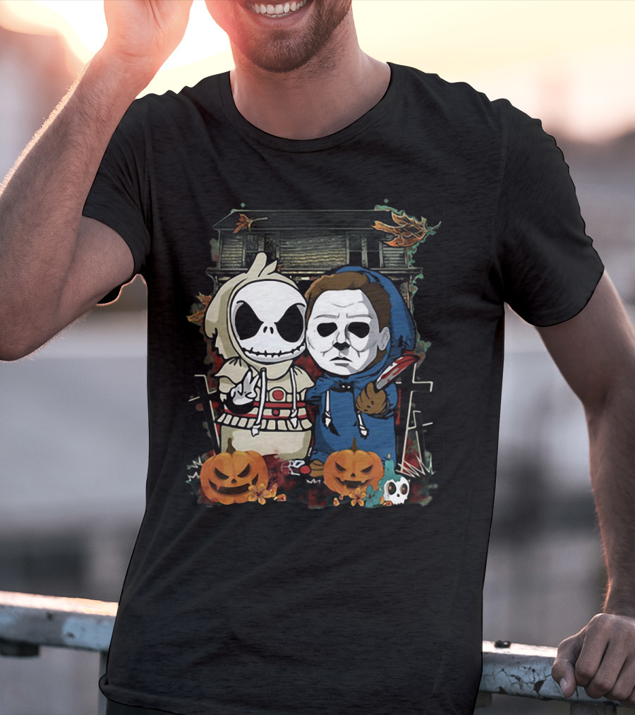 Jack Skellington And Michael Myers Halloween Crossover With Haunted House And Pumpkins T-Shirt