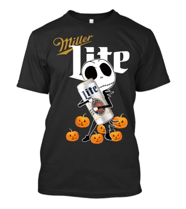 Jack Skellington Holding Miller Lite Surrounded By Pumpkins T-Shirt