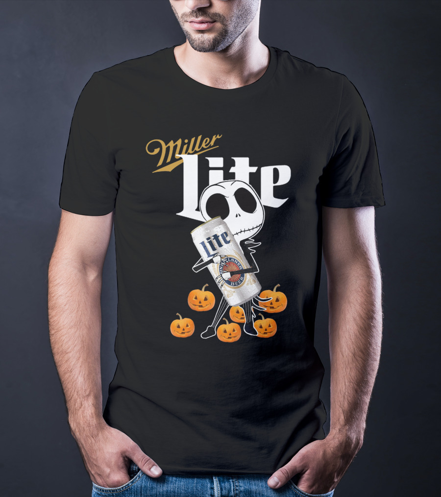 Jack Skellington Holding Miller Lite Surrounded By Pumpkins T-Shirt