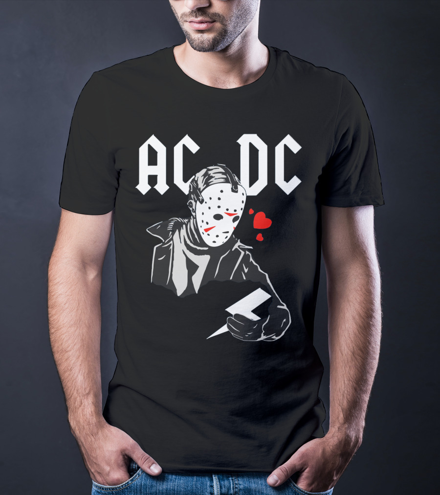 Acdc Jason Voorhees Mask Holding Lightning Bolt With Hearts T-Shirt