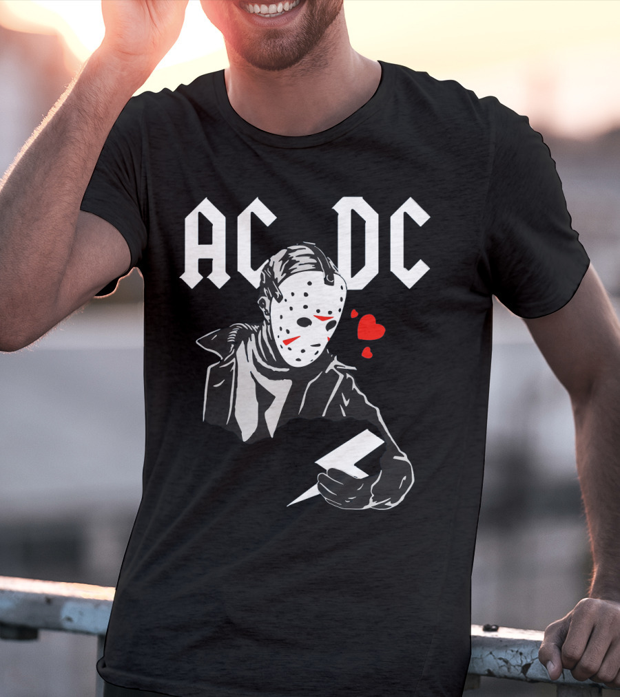 Acdc Jason Voorhees Mask Holding Lightning Bolt With Hearts T-Shirt