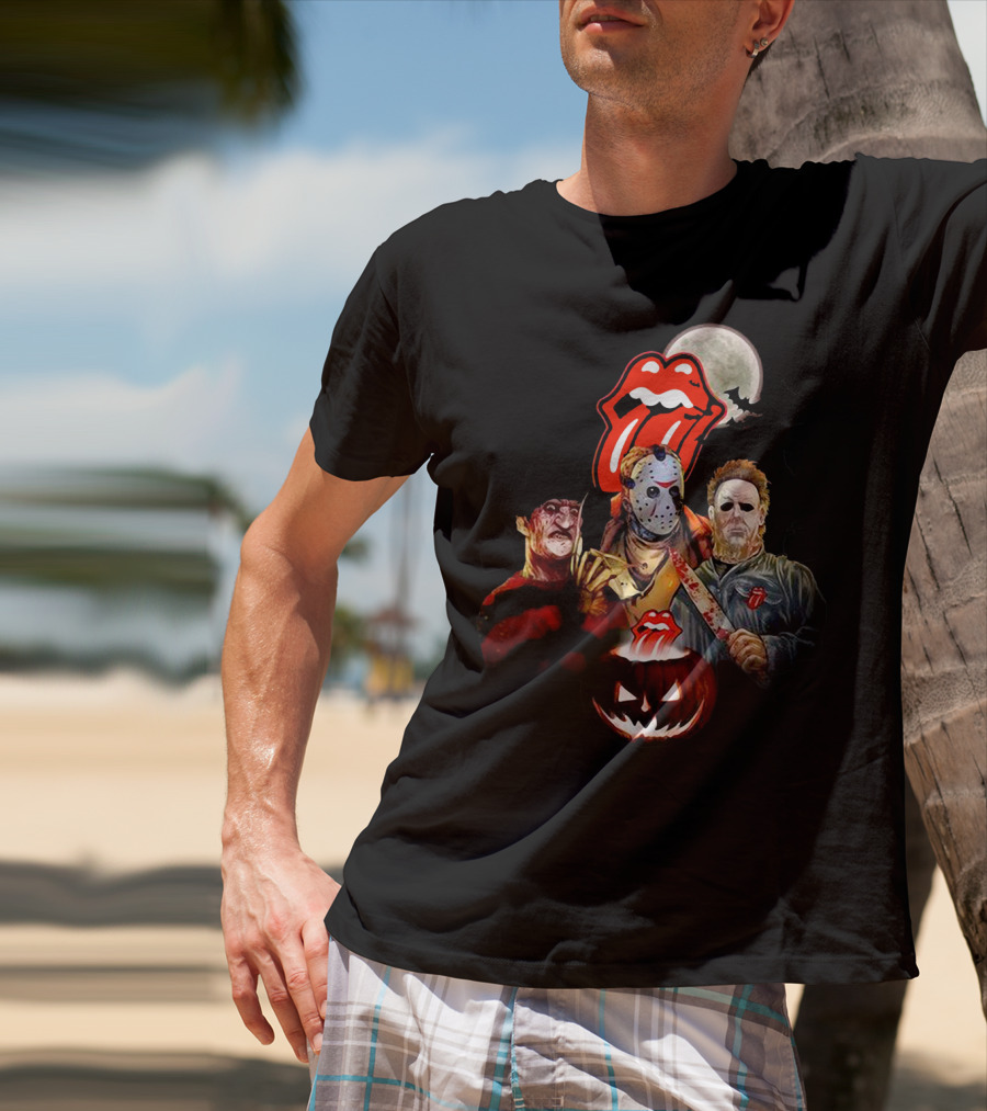 Michael Myers Voorhees Freddy Horror Mashup Halloween Moon Pumpkins Bats Tongue T-Shirt