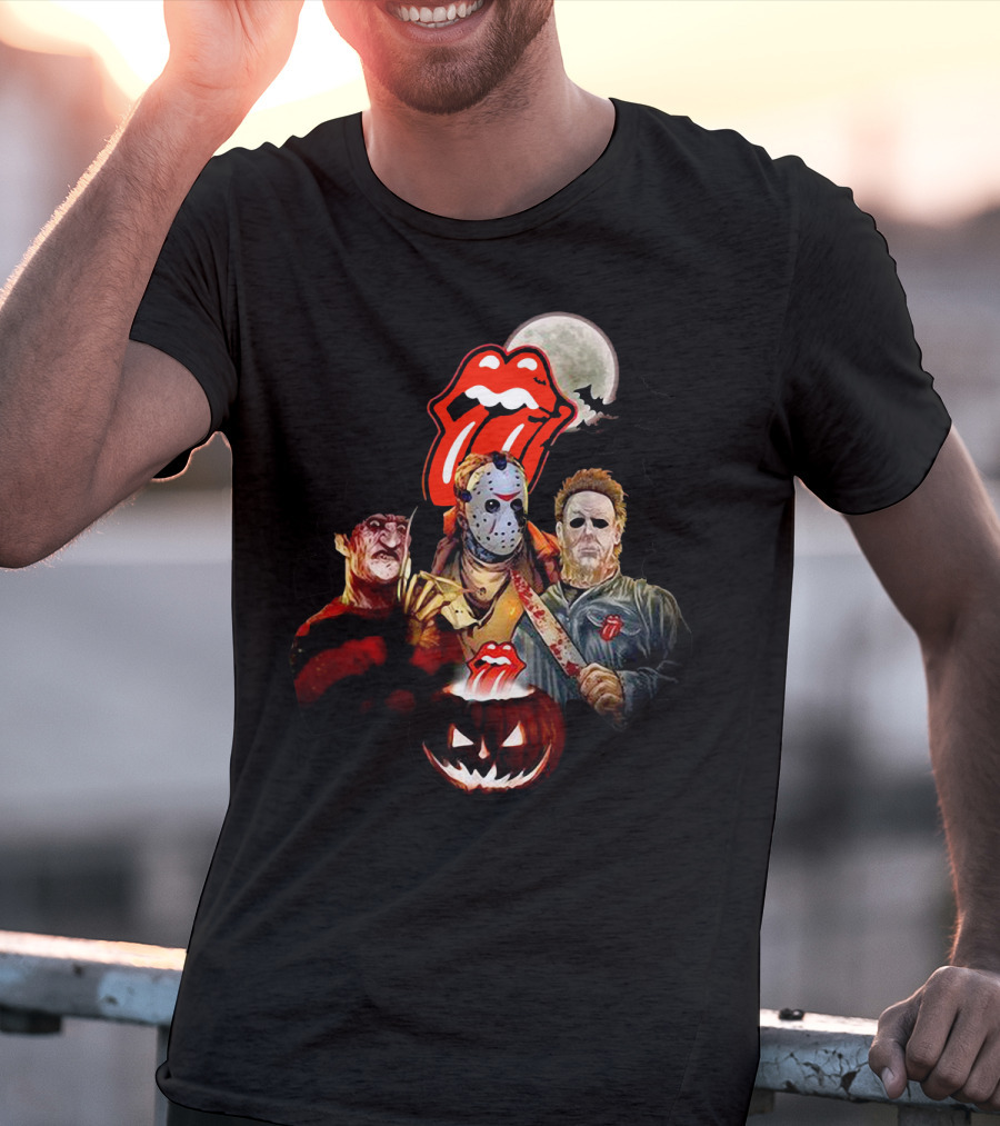 Michael Myers Voorhees Freddy Horror Mashup Halloween Moon Pumpkins Bats Tongue T-Shirt
