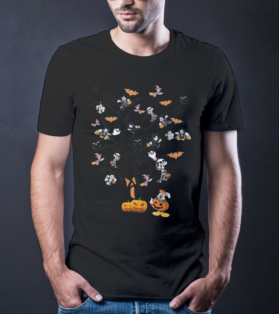 Mickey Mouse Halloween Tree With Pumpkins And Skeleton Costumes T-Shirt
