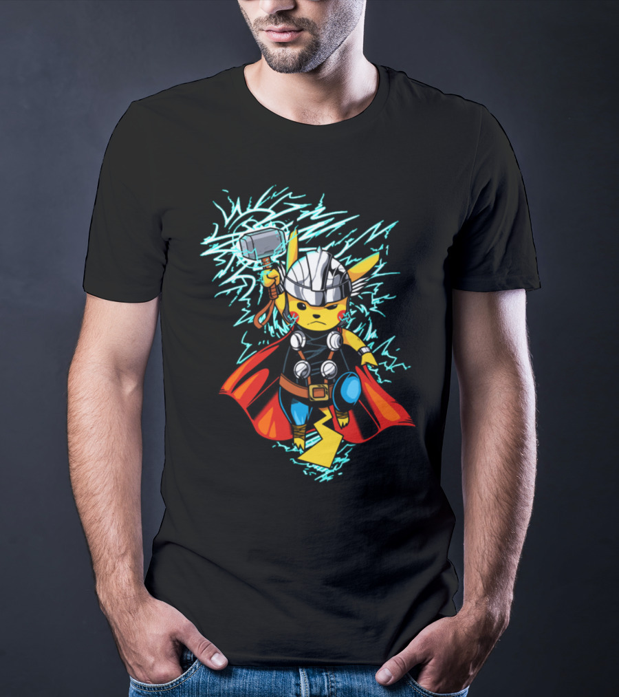 Pikachu Wielding Thor's Hammer With Lightning And Armor T-Shirt