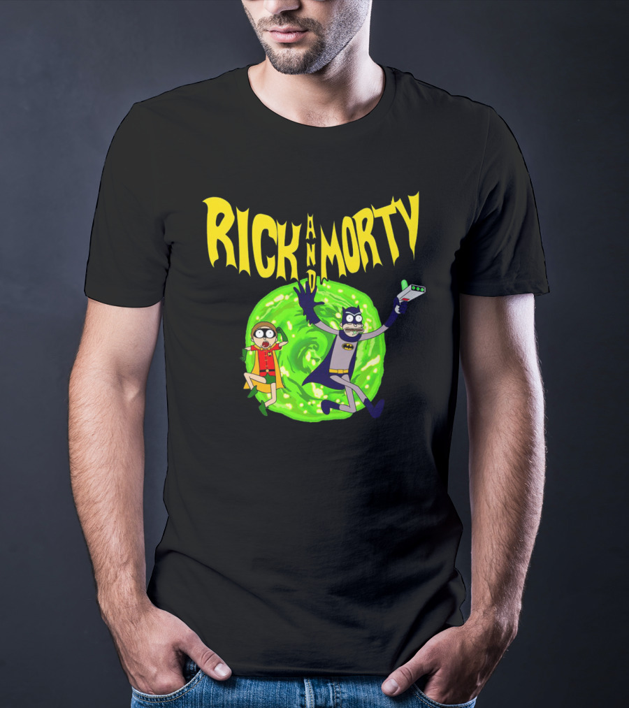 Rick And Morty In Batman Costumes With Portal Gun And Swirling Green Portal T-Shirt