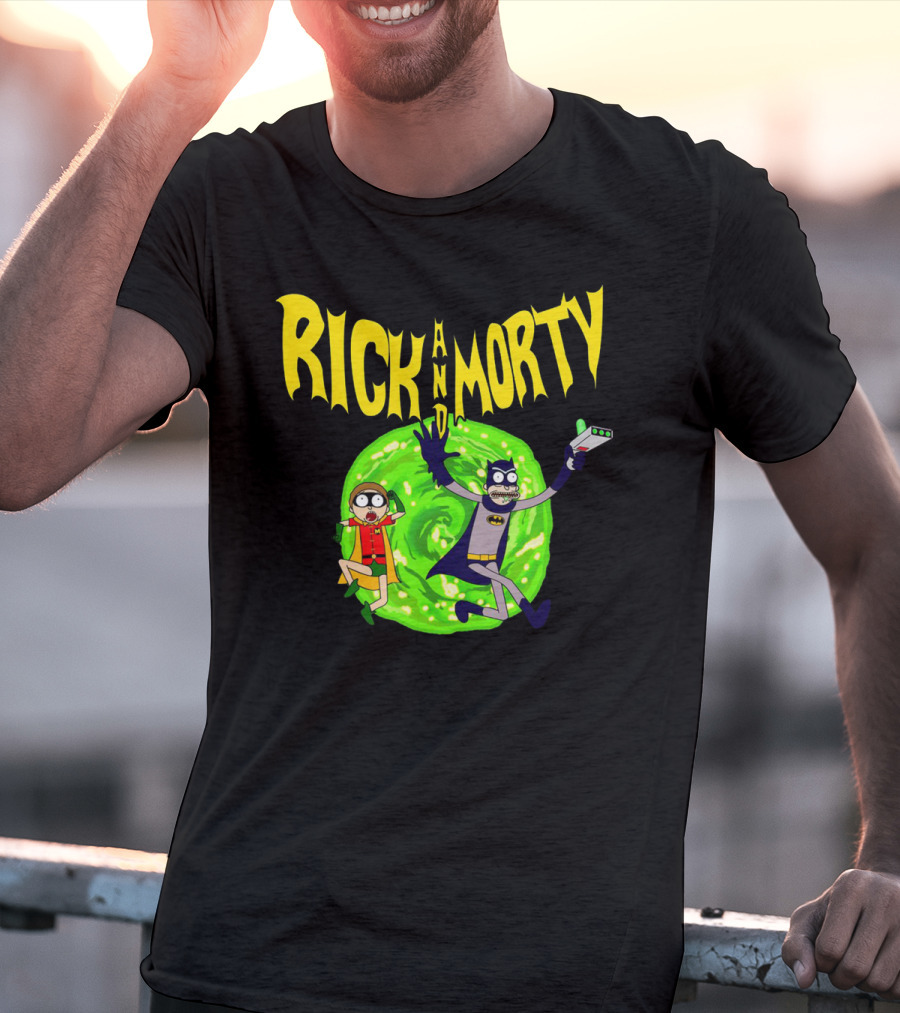 Rick And Morty In Batman Costumes With Portal Gun And Swirling Green Portal T-Shirt