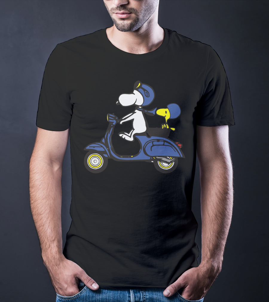 Snoopy And Woodstock Riding Blue Vespa With Helmets T-Shirt