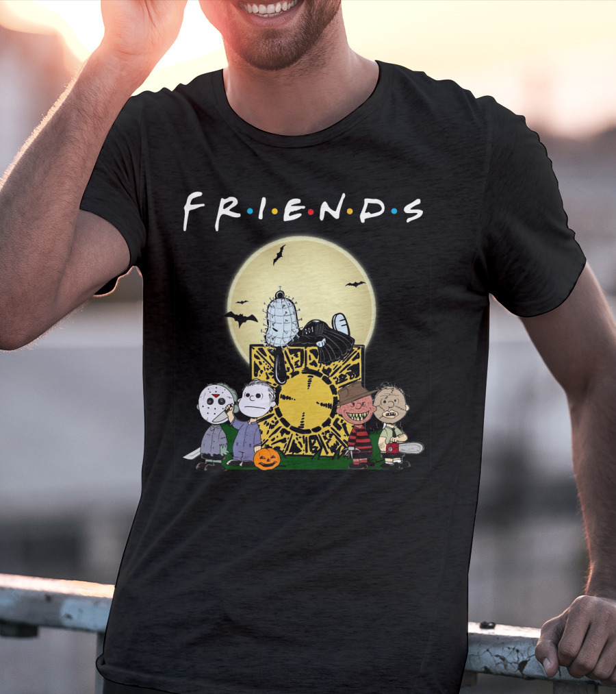 Friends Peanuts Horror Movie Characters Crossover Featuring Iconic Monsters And Symbols T-Shirt
