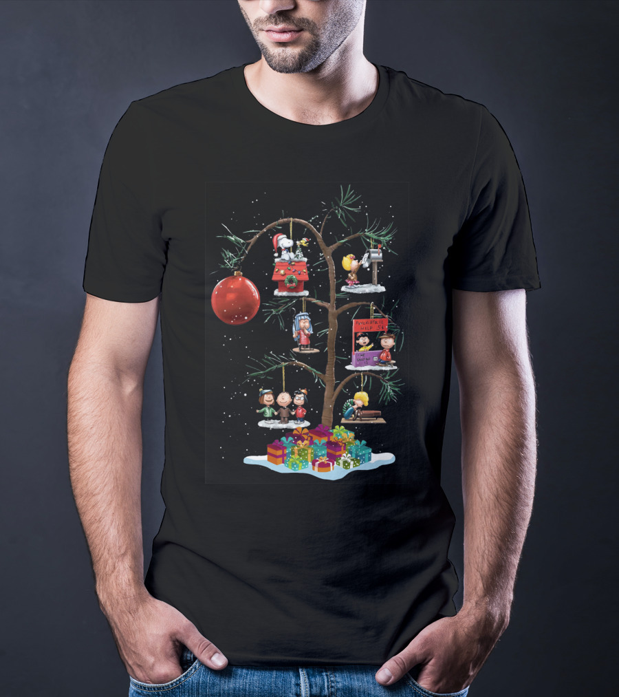 Peanuts Christmas Tree With Snoopy Lucy Charlie Brown And Woodstock Ornaments T-Shirt