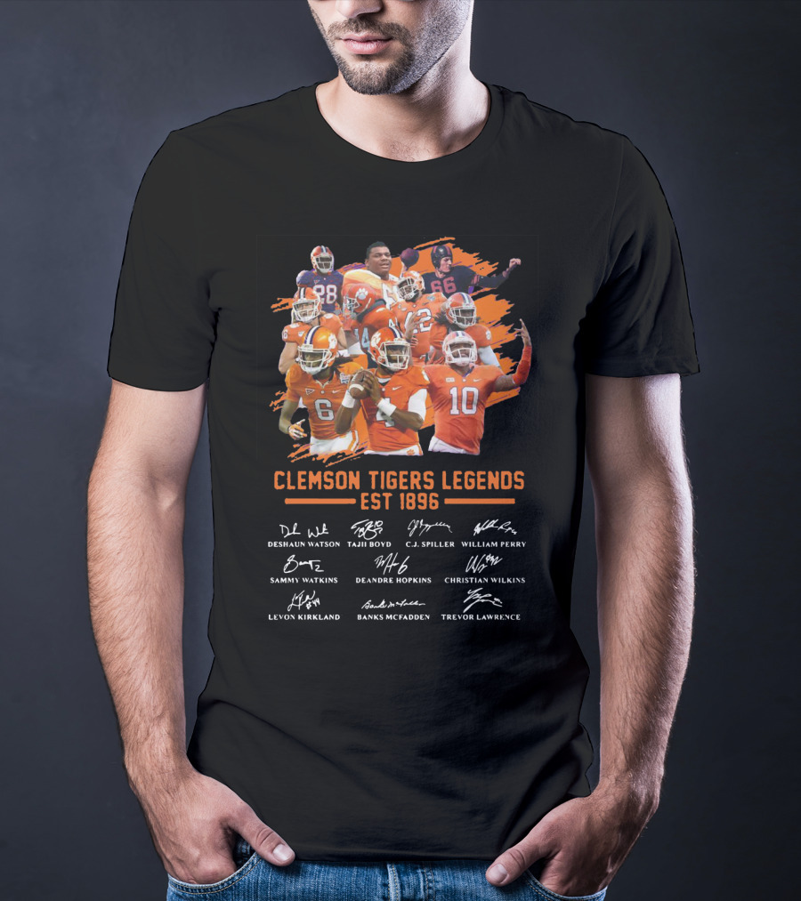 Clemson Tigers Legends Est 1896 Deshaun Watson Tajh Boyd C.J. Spiller William Perry Sammy Watkins Deandre Hopkins Christian Wilkins Levon Kirkland Banks McFadden Trevor Lawrence T-Shirt