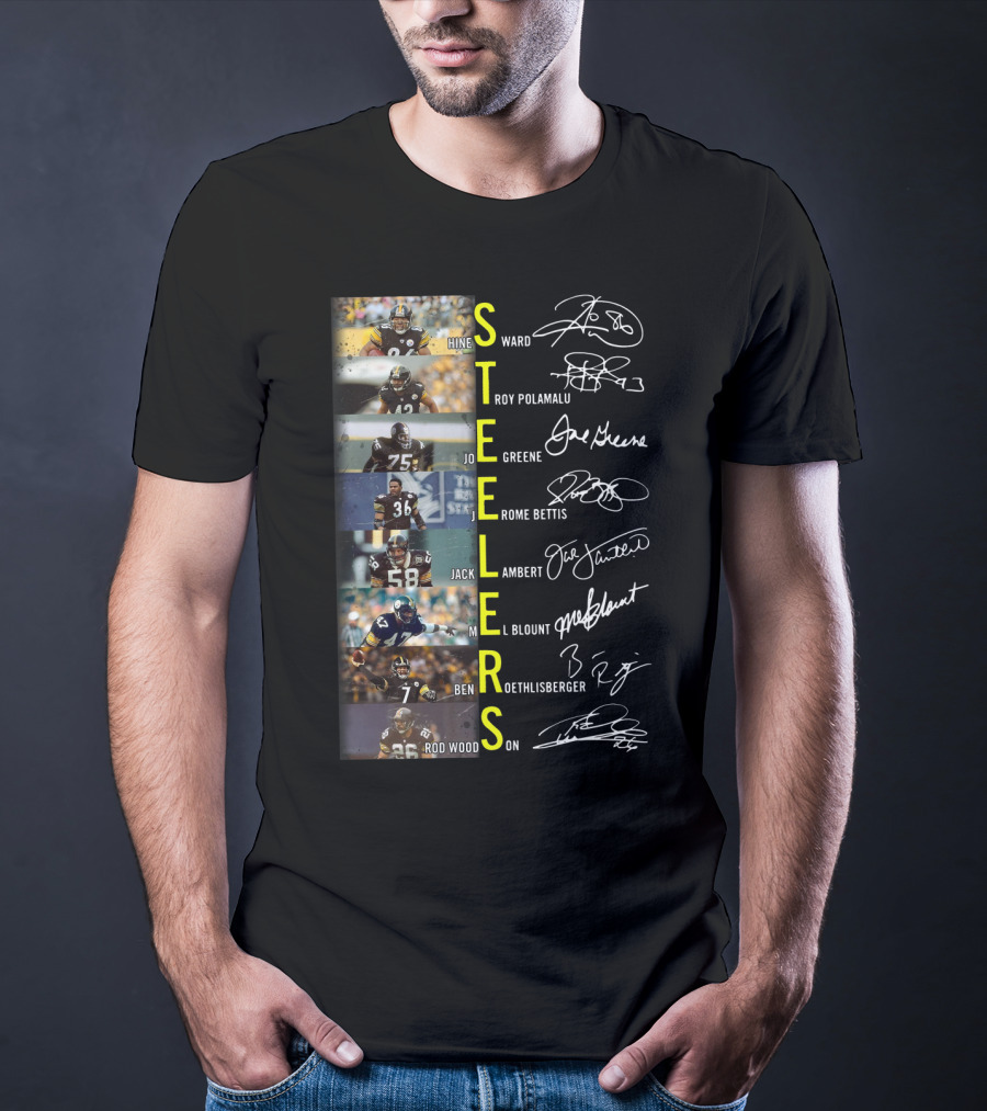 Steelers Hines Ward Troy Polamalu Joe Greene Jerome Bettis Jack Lambert Mel Blount Ben Roethlisberger Rod Woodson T-Shirt