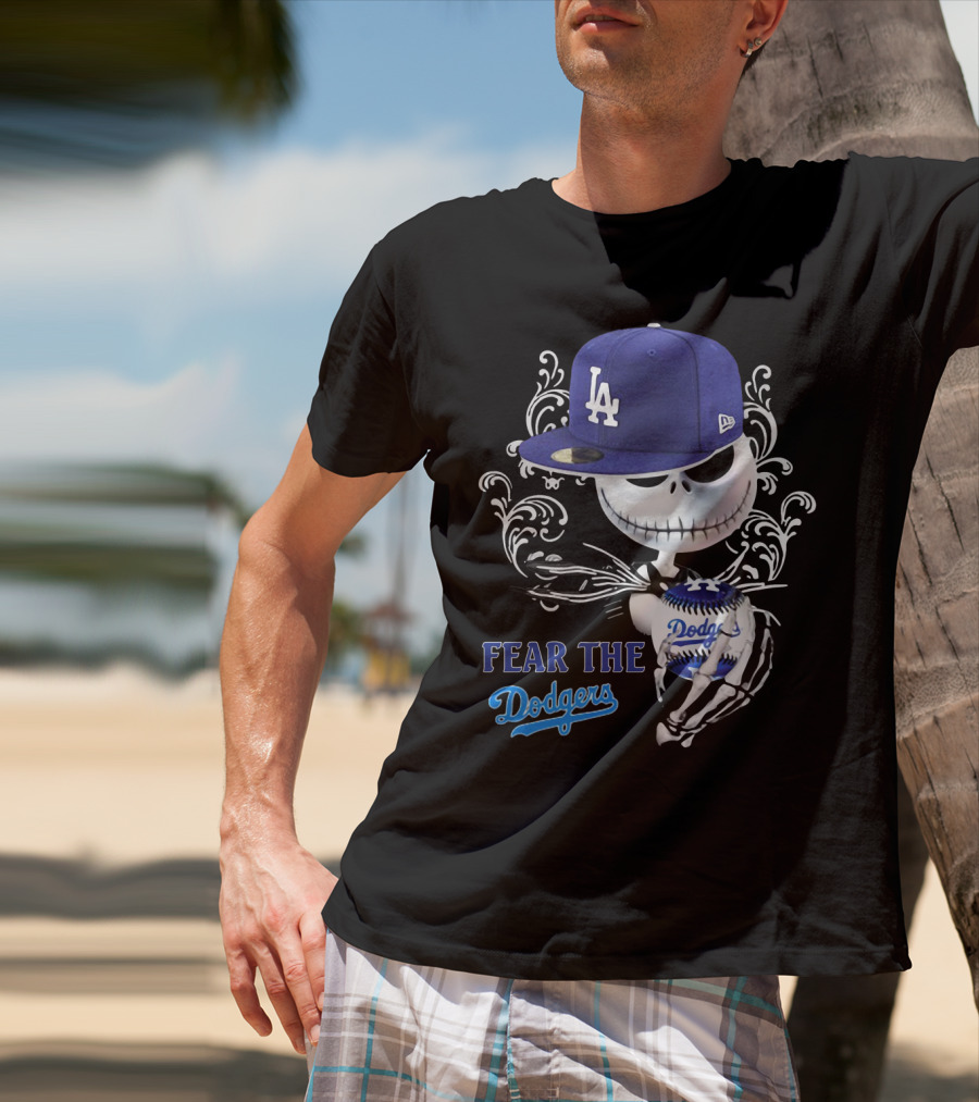 Fear The Dodgers Jack Skellington LA Dodgers Hat Baseball Scene T-Shirt