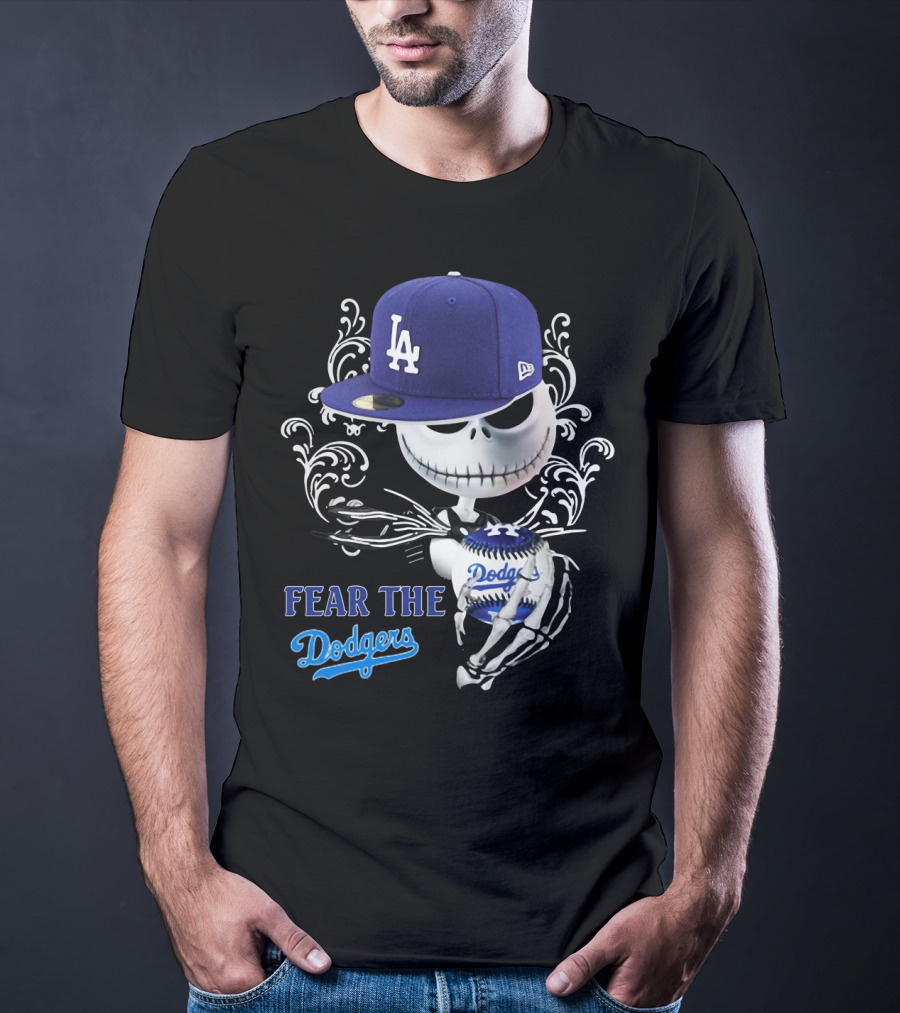 Fear The Dodgers Jack Skellington LA Dodgers Hat Baseball Scene T-Shirt