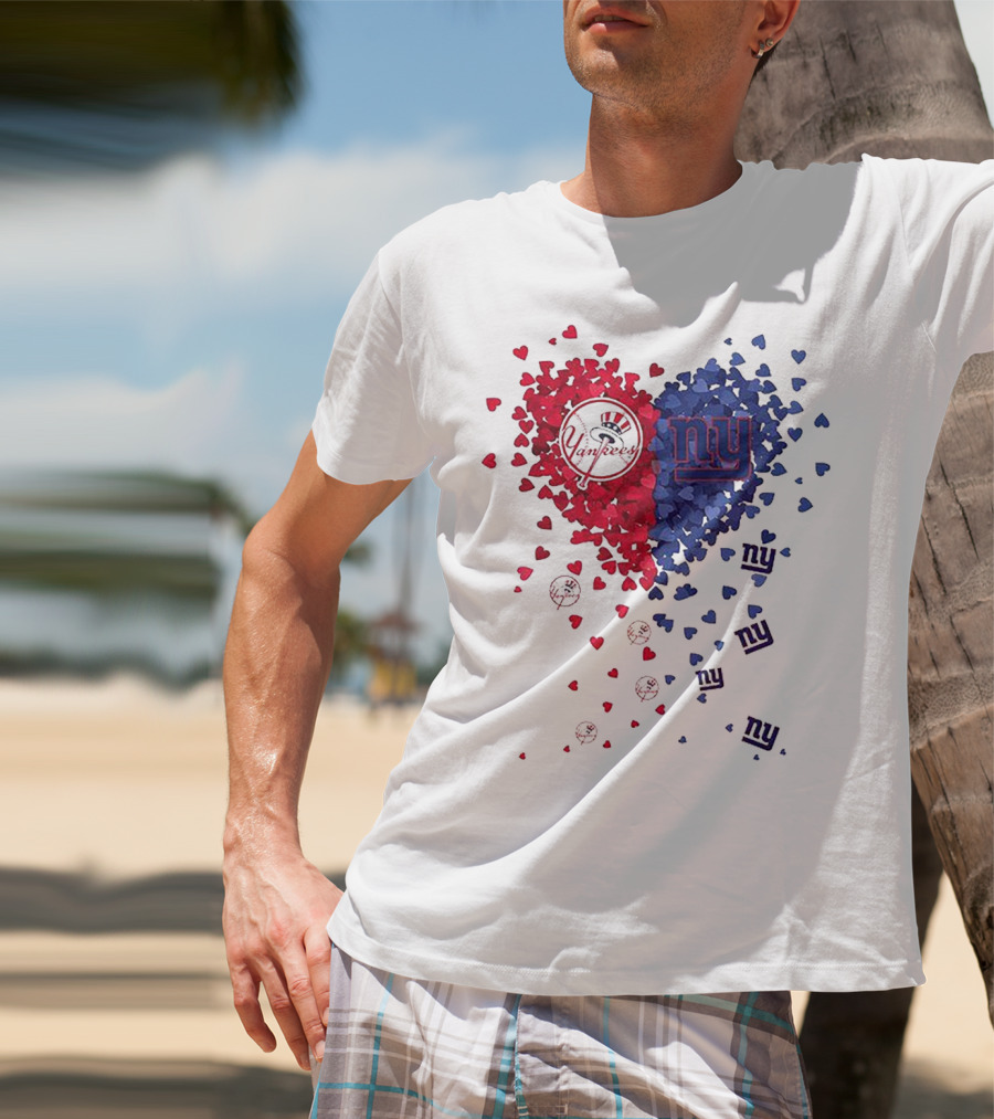 New York Yankees Giants Heart Shaped Logos With Red And Blue Hearts T-Shirt