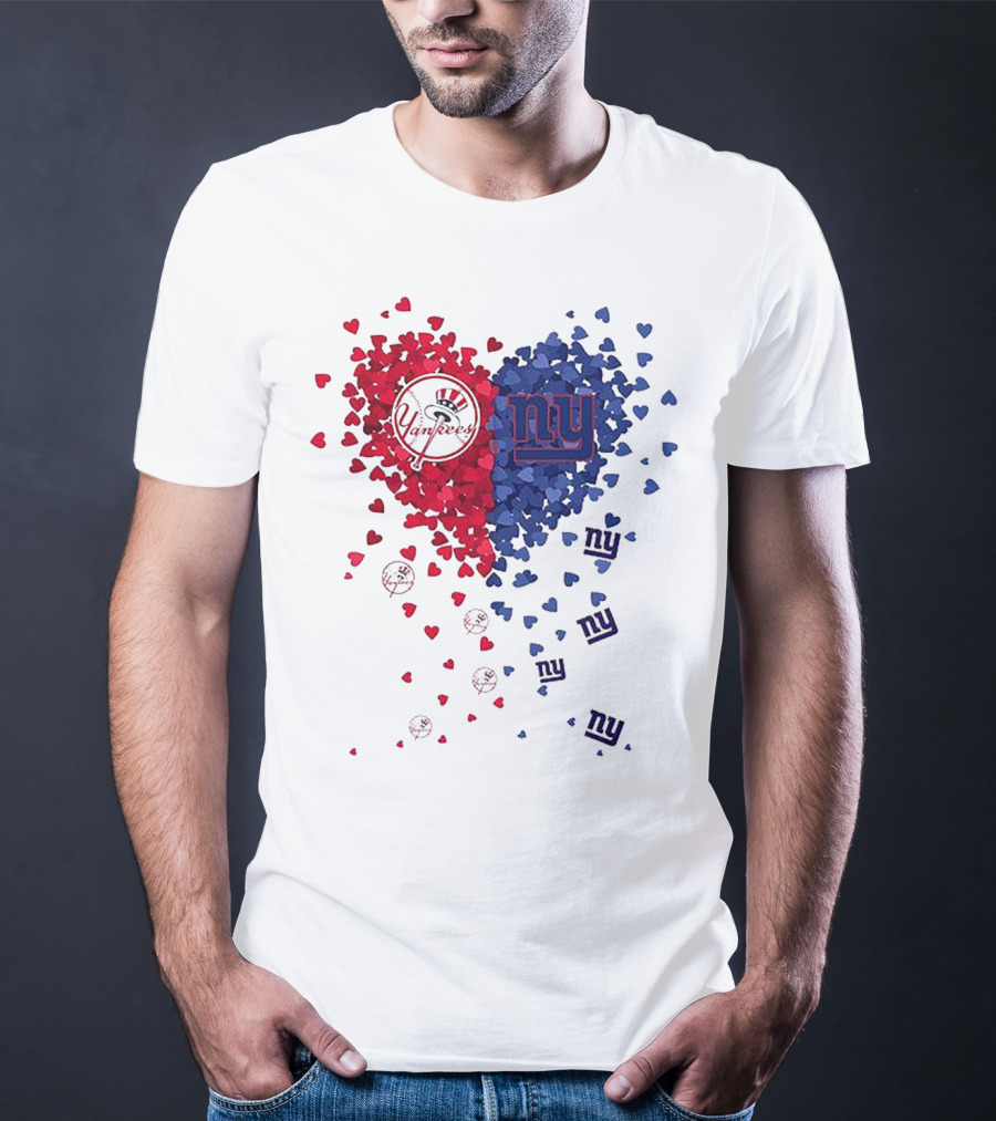 New York Yankees Giants Heart Shaped Logos With Red And Blue Hearts T-Shirt