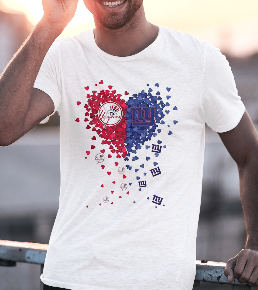 New York Yankees Giants Heart Shaped Logos With Red And Blue Hearts T-Shirt
