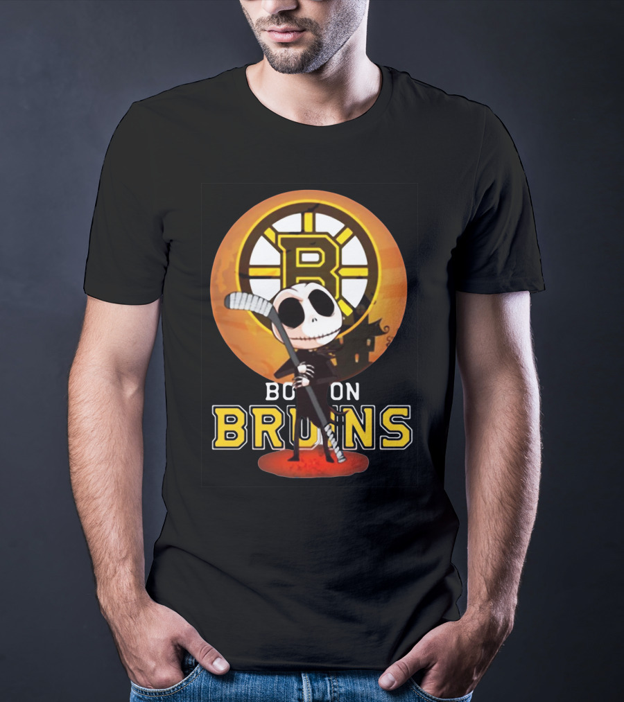 Boston Bruins Jack Skellington Holding Hockey Stick T-Shirt