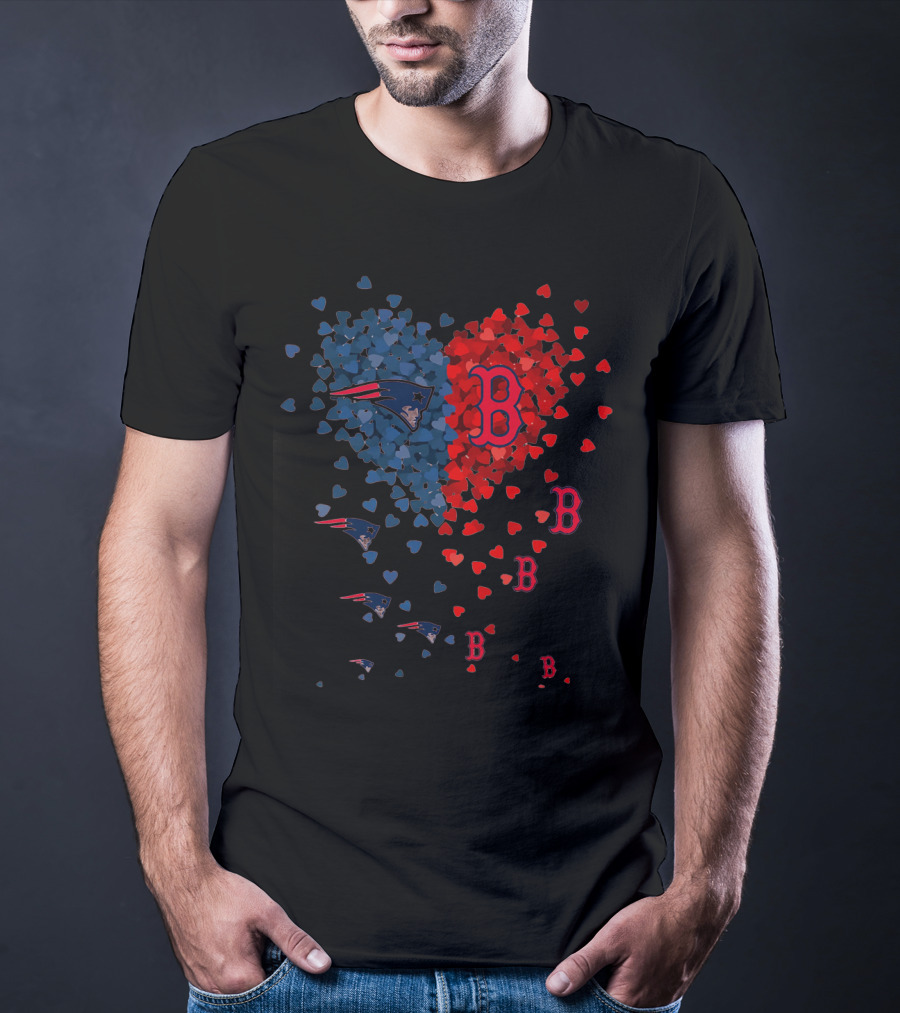 I Love New England Patriots Hearts Boston Red Sox Hearts T-Shirt