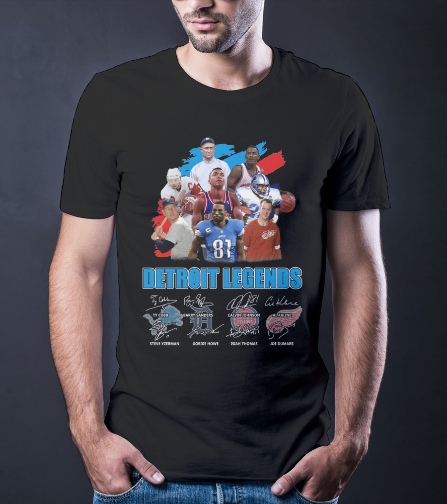 Detroit Legends Ty Cobb Barry Sanders Calvin Johnson Steve Yzerman Gordie Howe Isiah Thomas Al Kaline Joe Dumars T-Shirt