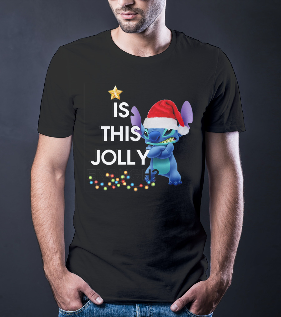Is This Jolly Enough? Stitch With Santa Hat And Christmas Lights T-Shirt