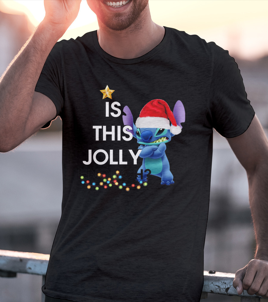 Is This Jolly Enough? Stitch With Santa Hat And Christmas Lights T-Shirt