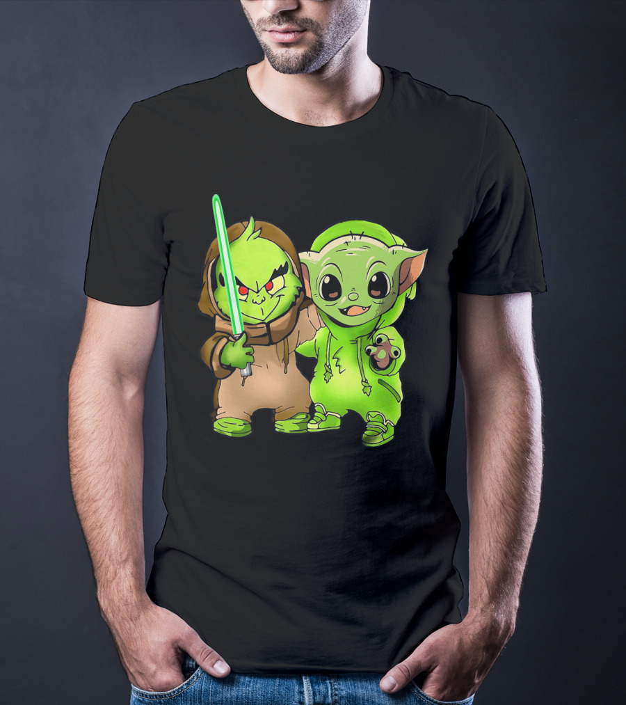 Baby Yoda And Baby Grinch Lightsaber Duo T-Shirt