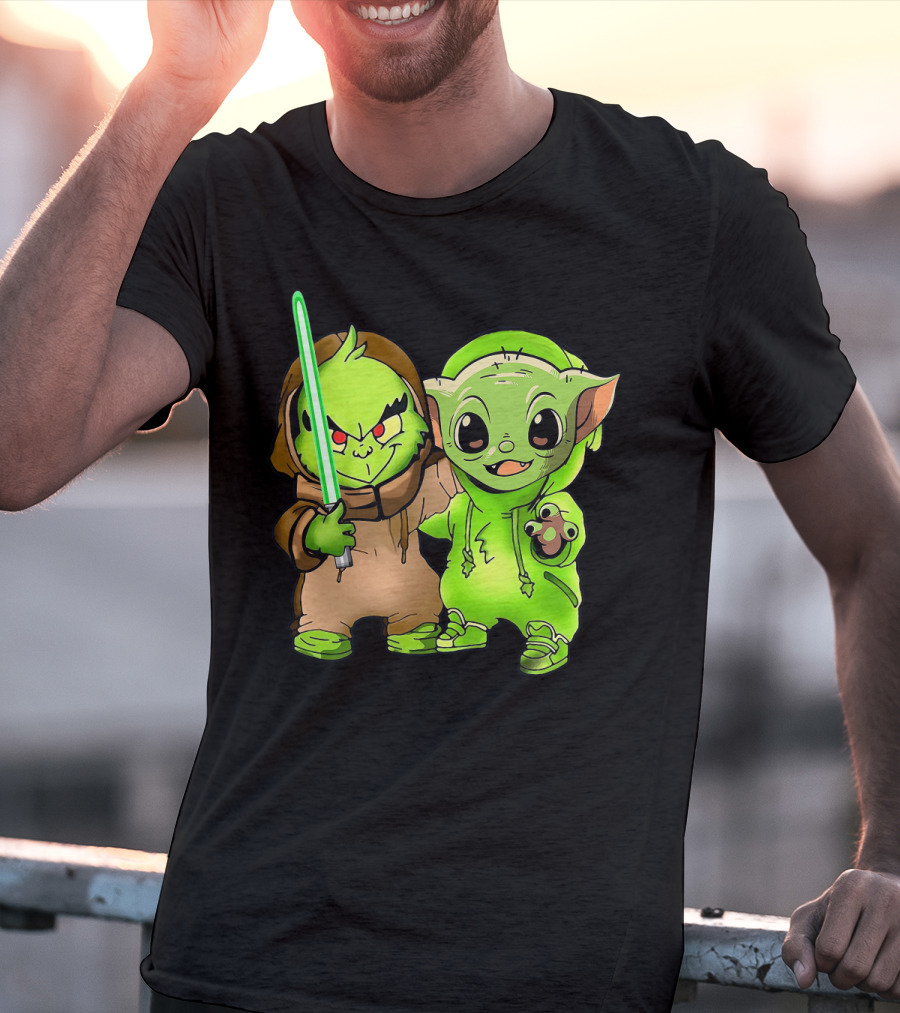 Baby Yoda And Baby Grinch Lightsaber Duo T-Shirt