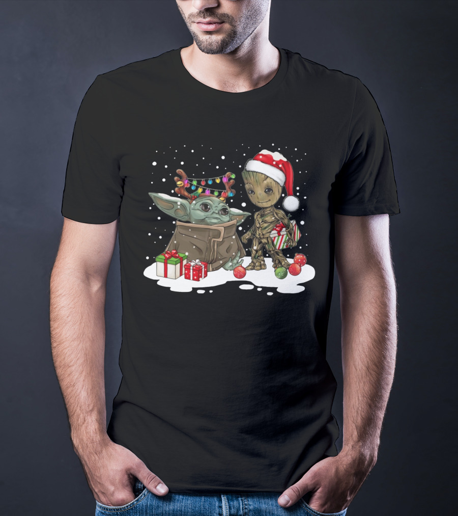 Baby Groot And Baby Yoda Christmas Santa Hat Gift Exchange T-Shirt