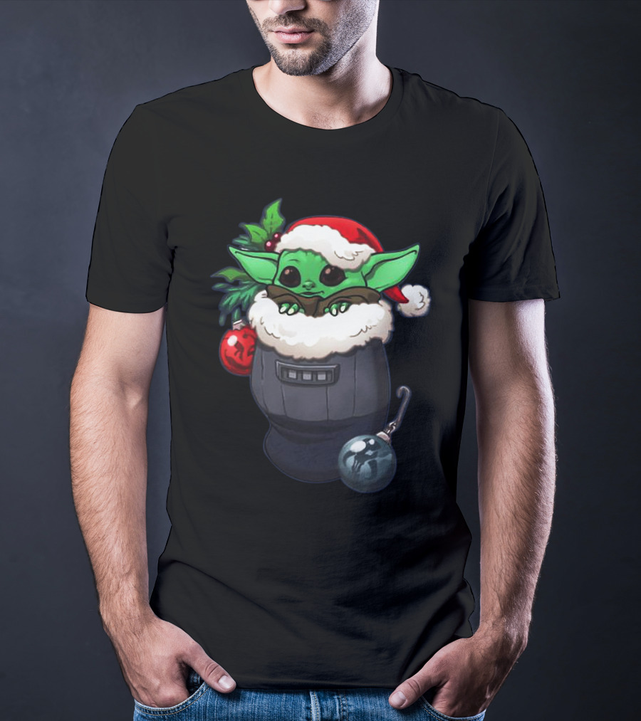 Baby Yoda Christmas Santa Hat Stocking With Ornaments T-Shirt